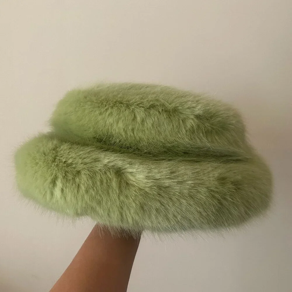 Emma Brewin Pistachio Green Bucket Hat Faux Fur Hat Luxury - Picture 1 of 4